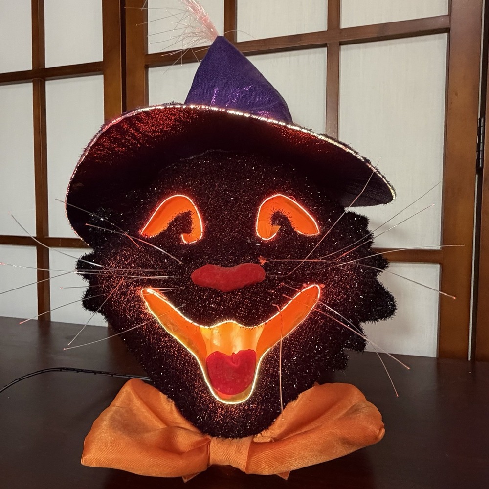 Decoration Fiber Optic Wizard Black Cat in a Pumpkin Lighted 17" Halloween VTG